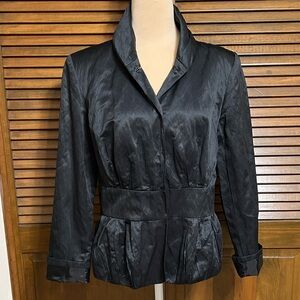 Christopher & Banks Black Crinkle Satin Peplum Snap Jacket Blazer Size S